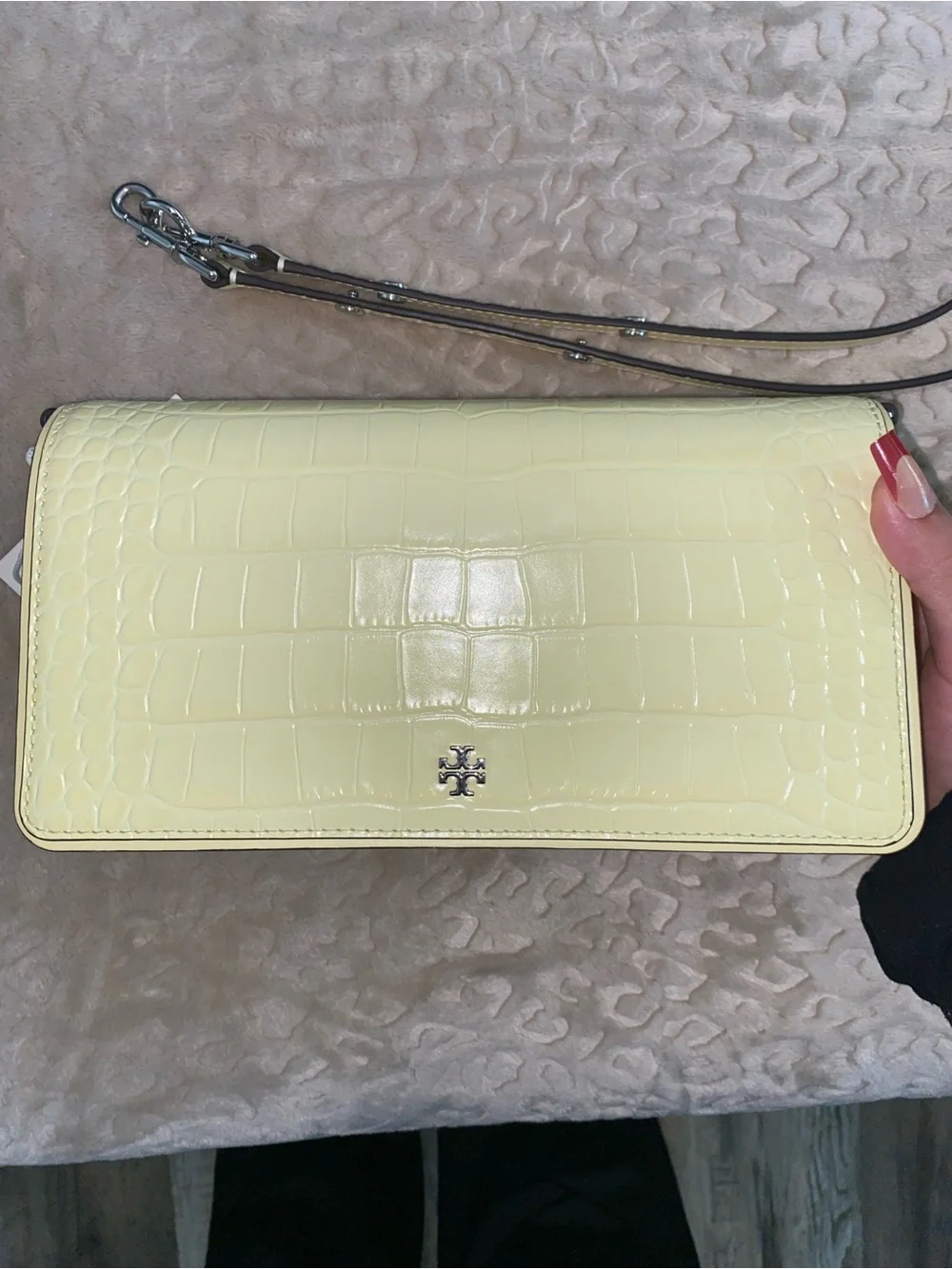 Tory Burch Pale Yellow Croc-Embossed Leather Crossbody